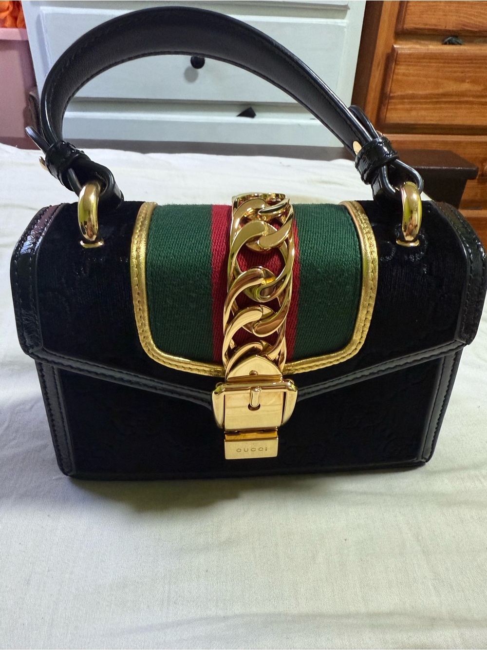 Gucci Sylvie Mini Top Handle Bag in black velvet